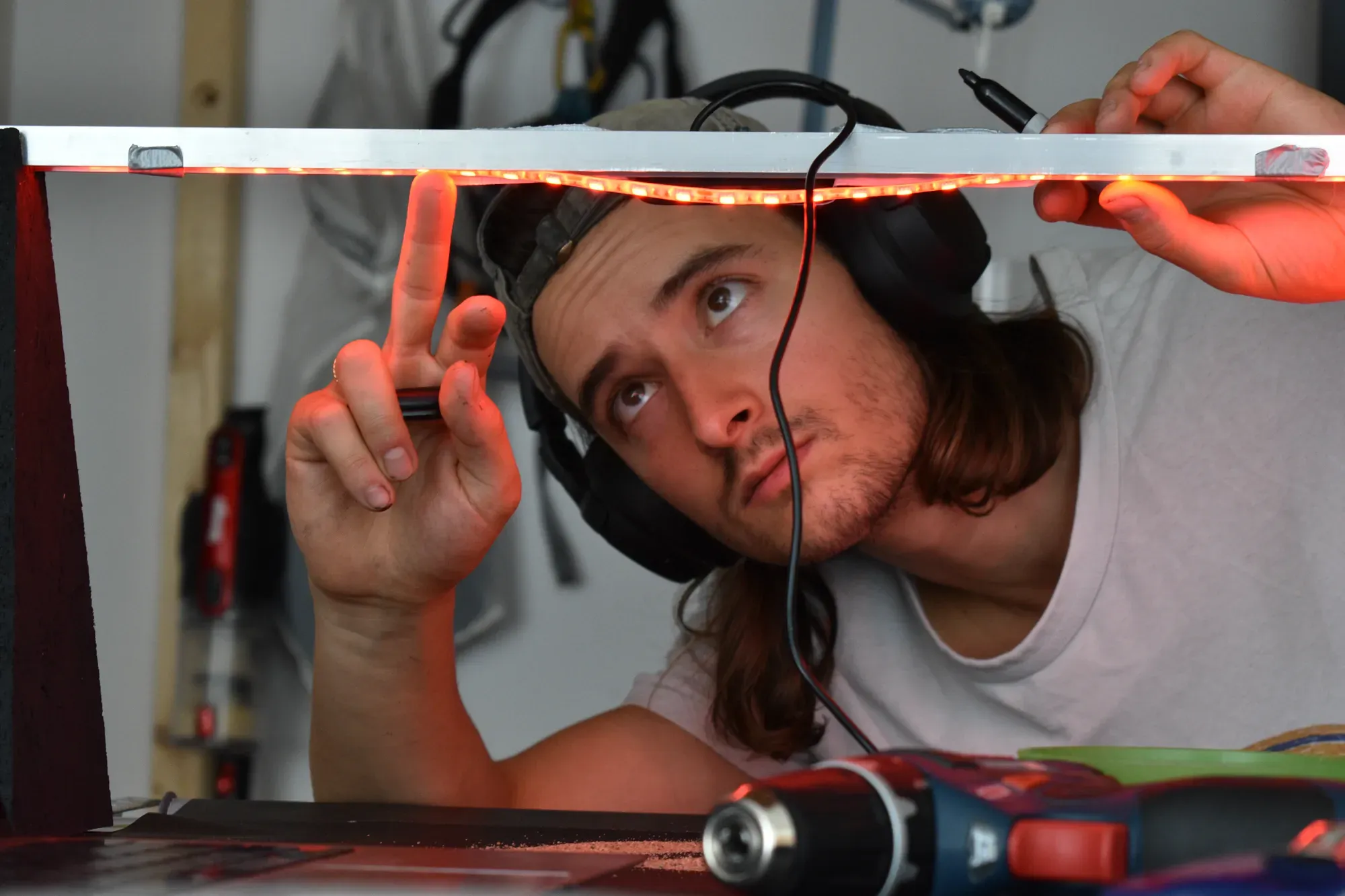 Artist adjusting LEDs
